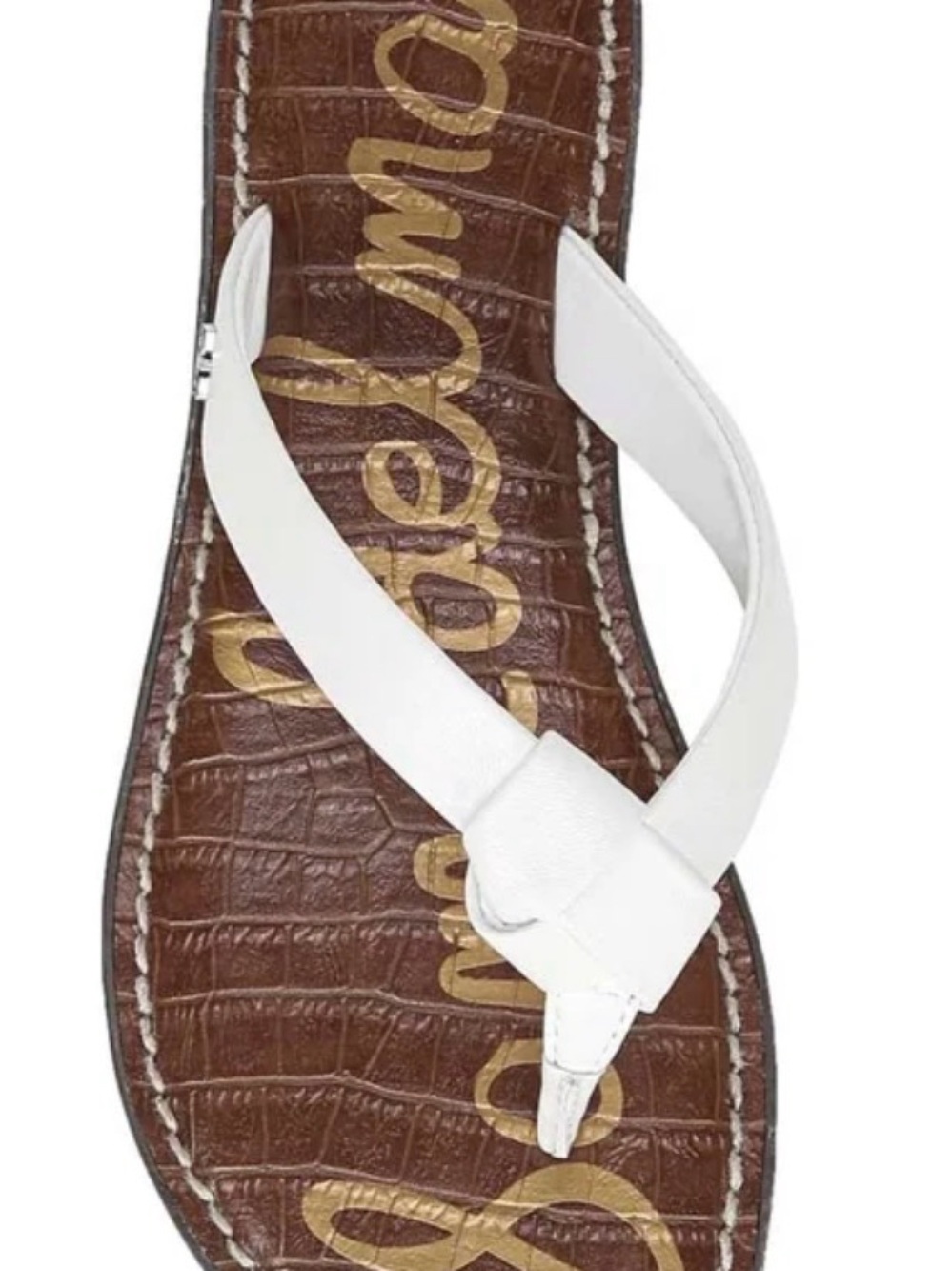 Sam Edelman White Leather Thong Sandal with Brown Croc-Print Footbed
